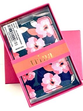 Trina Turk Vegan Leather Zip Around Wallet Navy Blue & Pink Floral Design